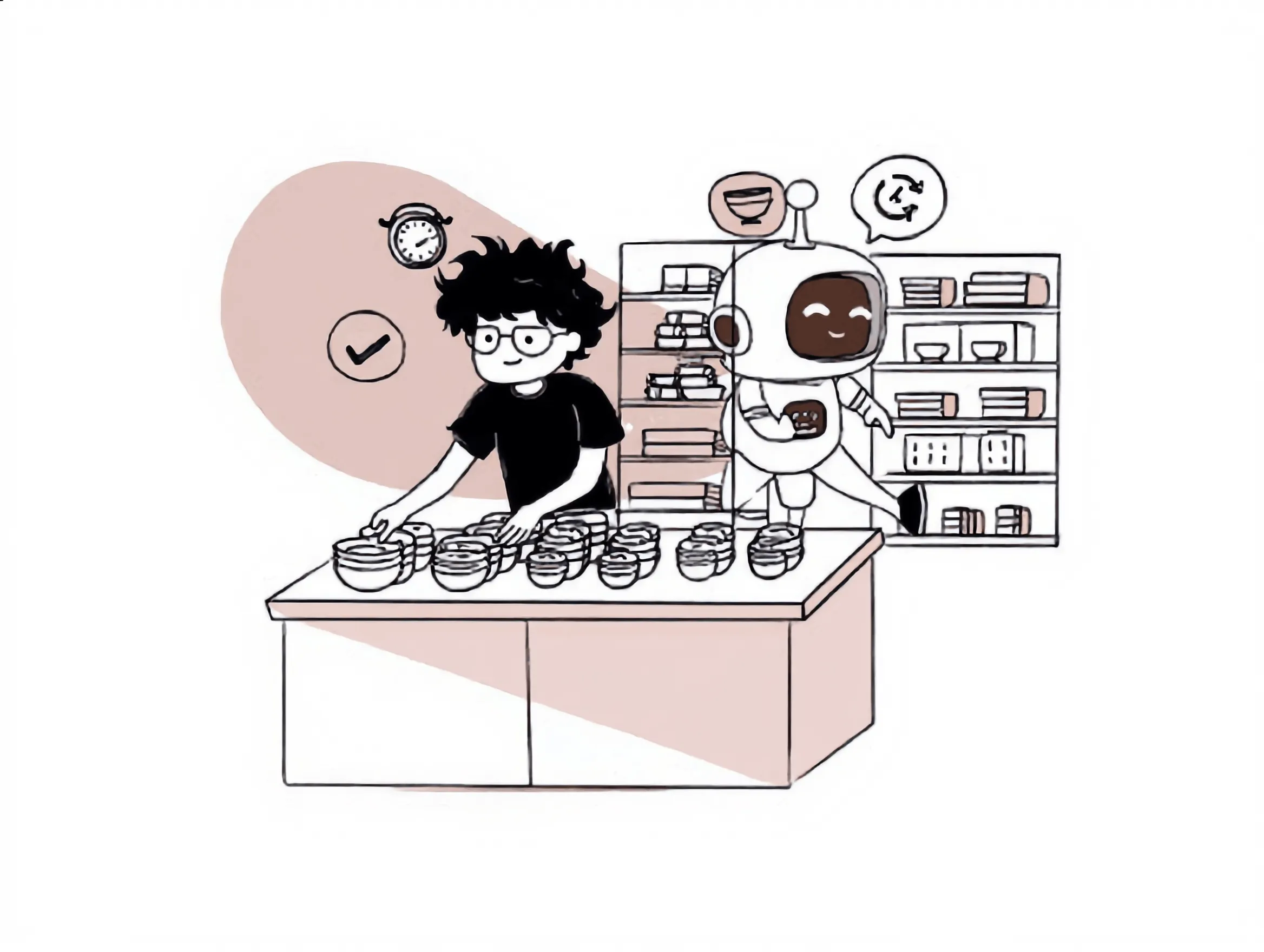 Kershey and a small robot at a prep counter lined with ready-made bowls, shelves of labelled containers behind them, a clock and a refresh icon overhead.