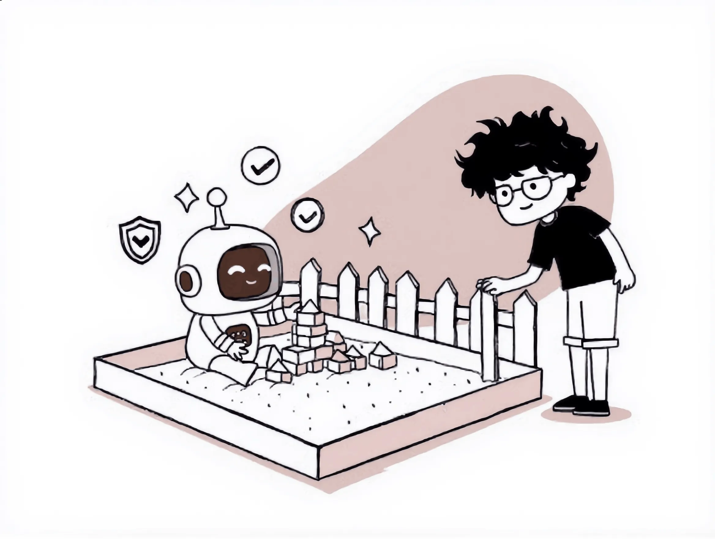 A small robot building block towers inside a sandbox while Kershey sets the last panel of a picket fence around it, check marks and a shield floating overhead.