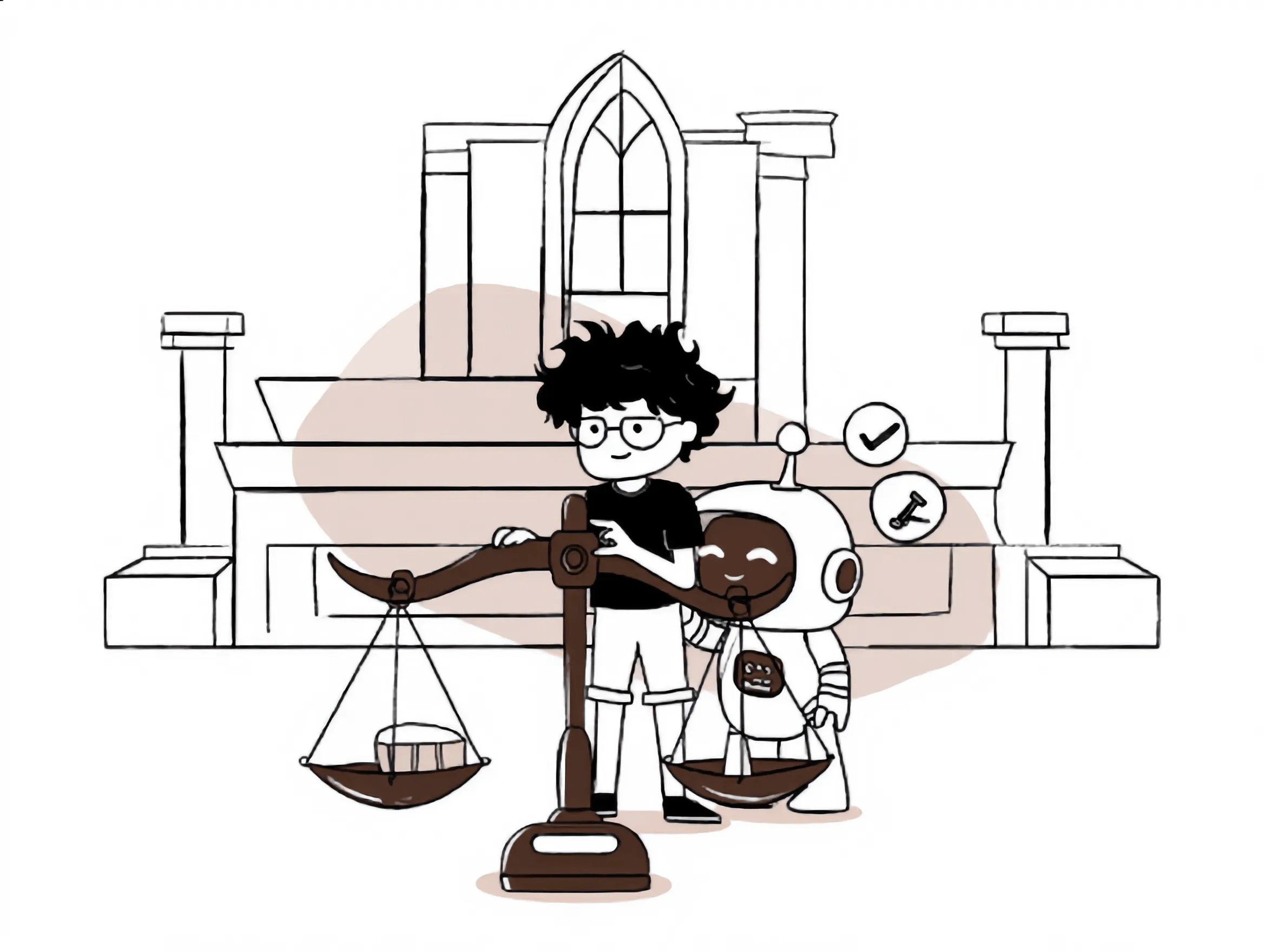 Kershey and a small robot at a balance scale outside a courthouse, Kershey's hand on the beam while the robot holds one of the pans, a check mark and a gavel floating beside them.