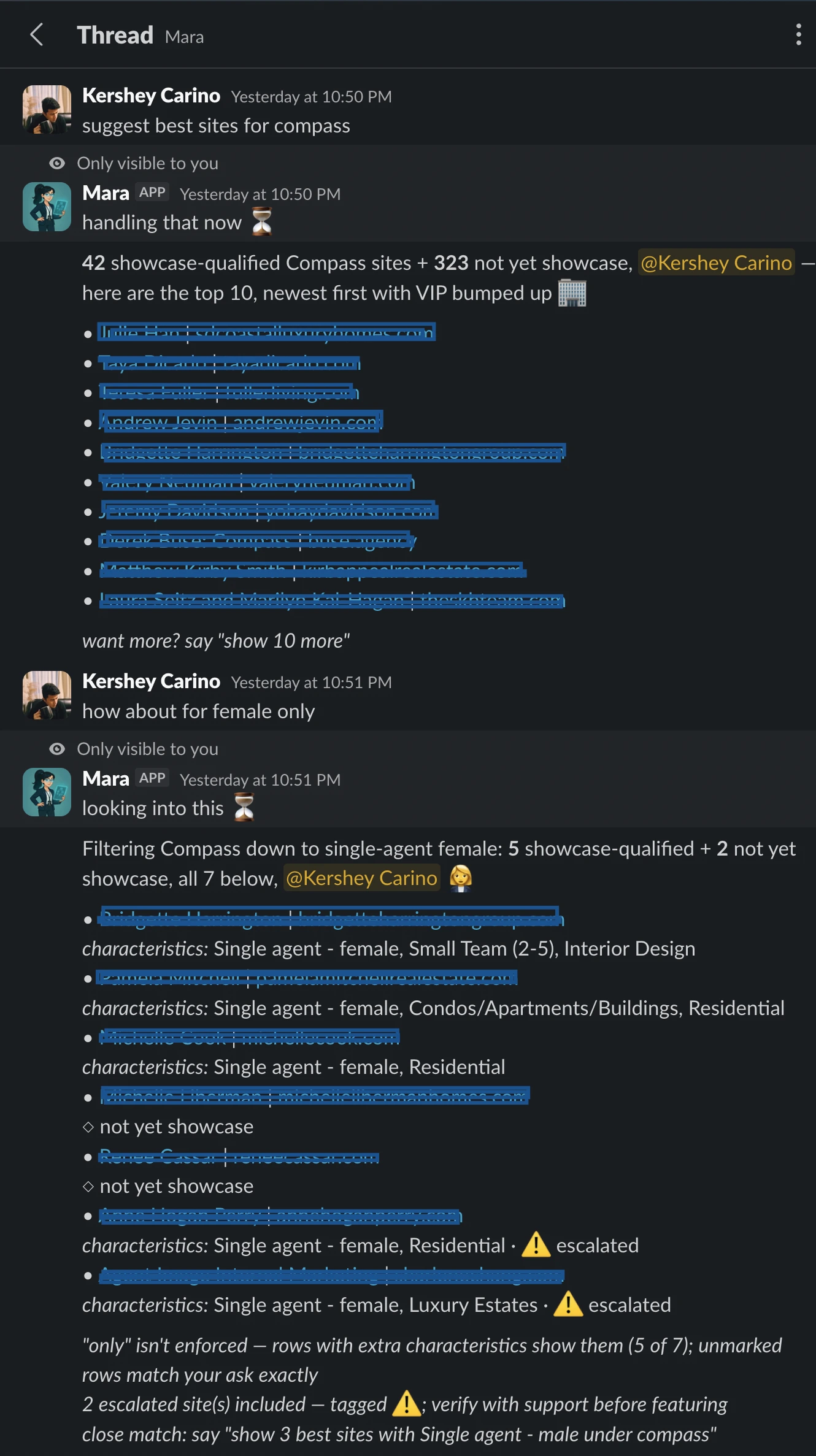 A Slack thread asking MARA to suggest the best client sites, and MARA returning a ranked shortlist with counts, a follow-up filter, and flagged rows tagged for review
