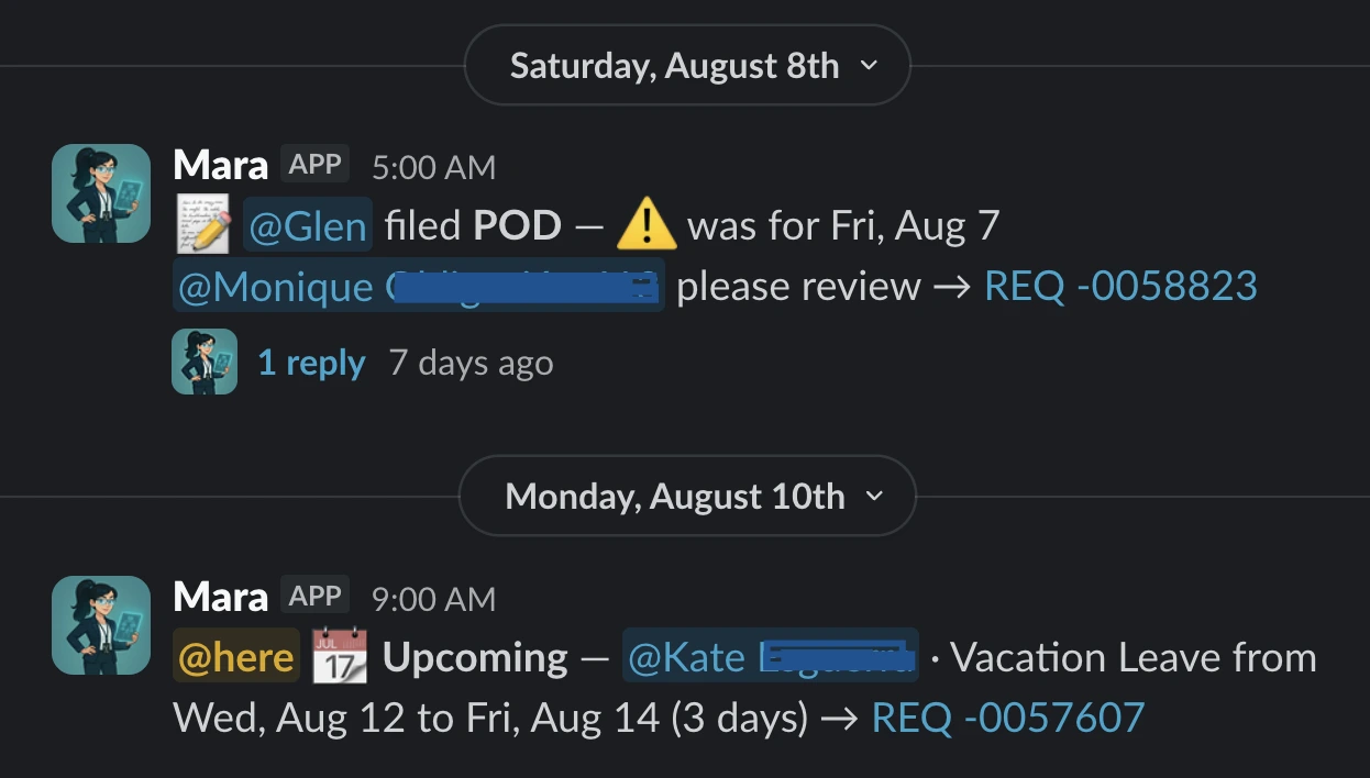 Two Slack notices — one tagging an approver to review a filed leave request, one warning the whole channel days ahead of a three-day leave