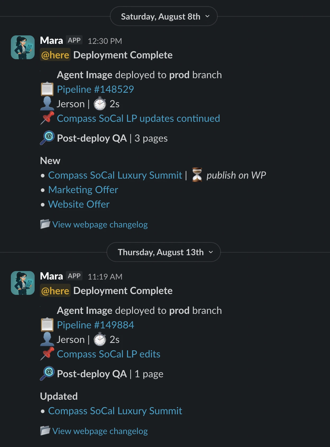 A Slack 'Deployment Complete' message listing the pages to check after that release, grouped by what to do, with a link to the webpage changelog