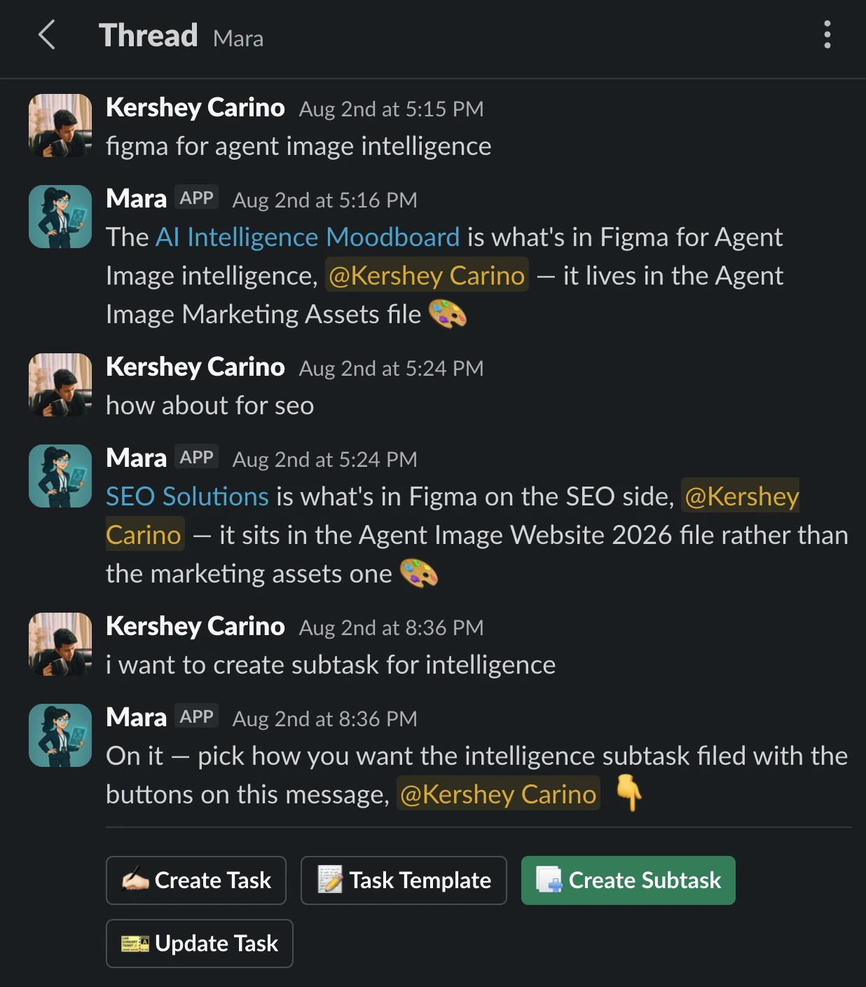 A Slack thread where MARA answers where a design file lives, takes a follow-up question, then offers buttons to file the work as a task or subtask