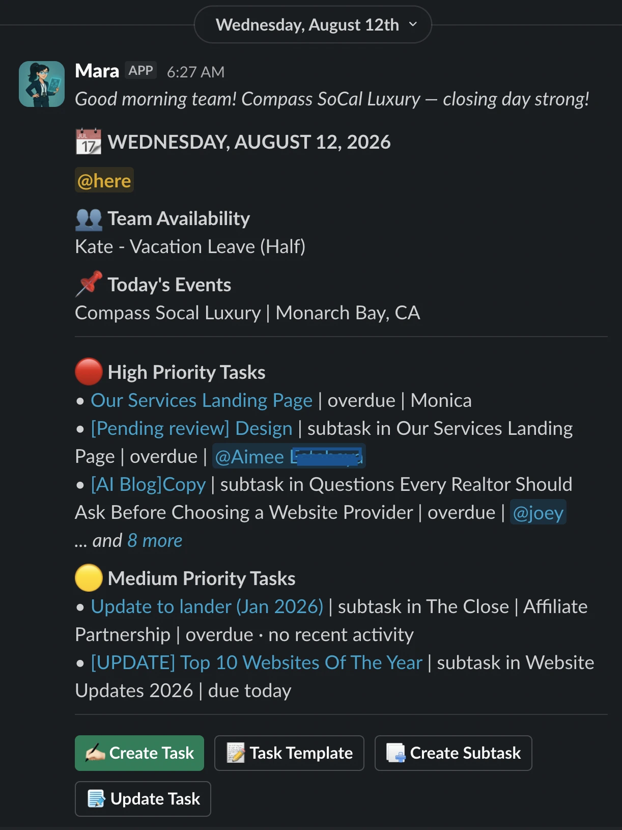 MARA's morning brief in Slack — who is out, today's events, and the ranked priority tasks with each owner tagged